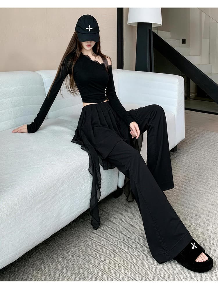 쉬폰 주름 패치워크 방귀 커튼 페이크 레이어드 부츠컷 바지 여성 새로운 다용도 몸매 가꾸기 신축성 하이웨이스트 슬림해 보이는 나팔 바지 상세 이미지 22