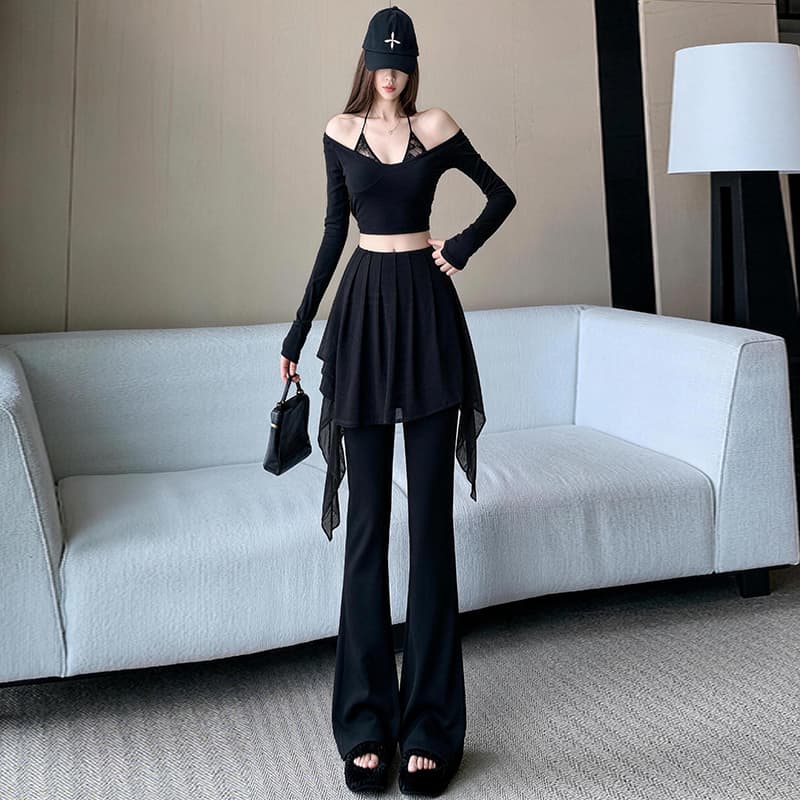 쉬폰 주름 패치워크 방귀 커튼 페이크 레이어드 부츠컷 바지 여성 새로운 다용도 몸매 가꾸기 신축성 하이웨이스트 슬림해 보이는 나팔 바지 이미지 2