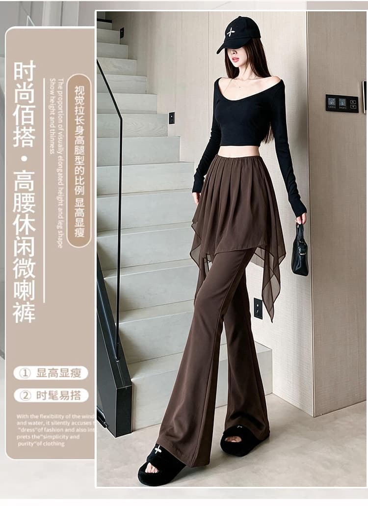 쉬폰 주름 패치워크 방귀 커튼 페이크 레이어드 부츠컷 바지 여성 새로운 다용도 몸매 가꾸기 신축성 하이웨이스트 슬림해 보이는 나팔 바지 상세 이미지 1