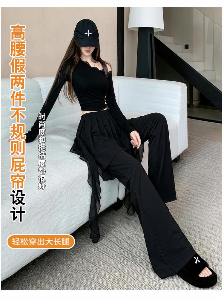 쉬폰 주름 패치워크 방귀 커튼 페이크 레이어드 부츠컷 바지 여성 새로운 다용도 몸매 가꾸기 신축성 하이웨이스트 슬림해 보이는 나팔 바지 상세 이미지 3