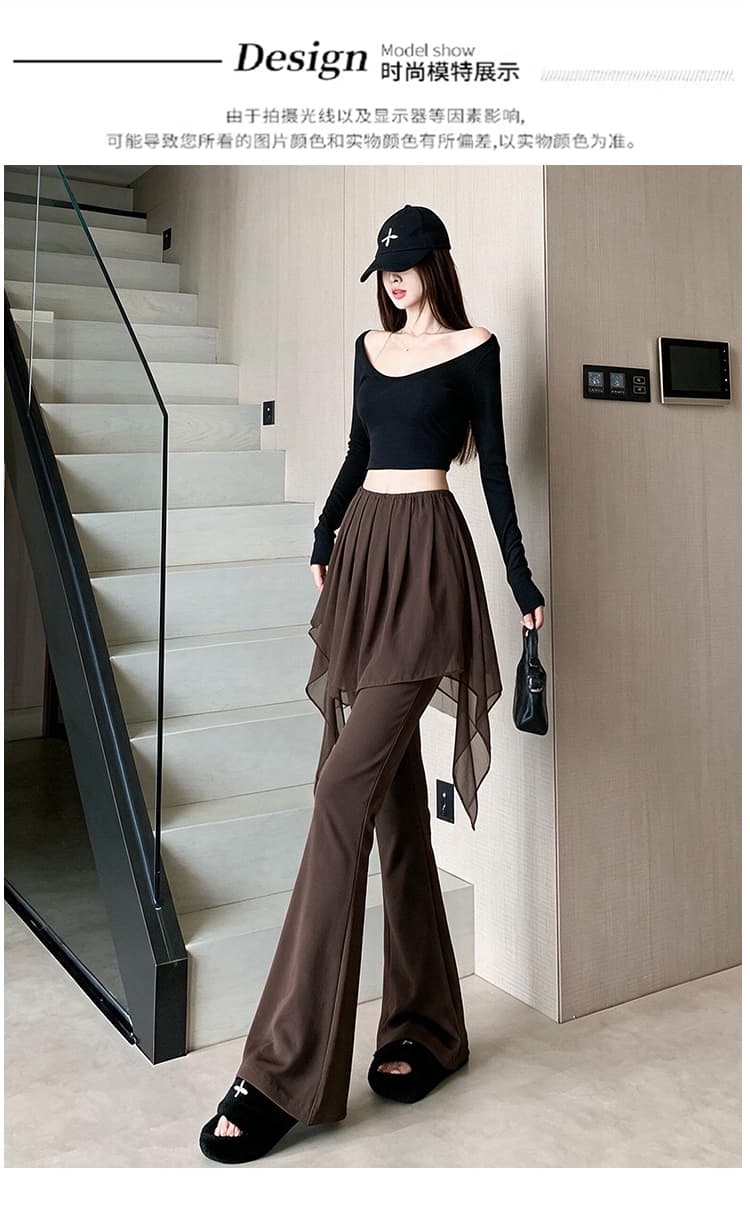 쉬폰 주름 패치워크 방귀 커튼 페이크 레이어드 부츠컷 바지 여성 새로운 다용도 몸매 가꾸기 신축성 하이웨이스트 슬림해 보이는 나팔 바지 상세 이미지 11