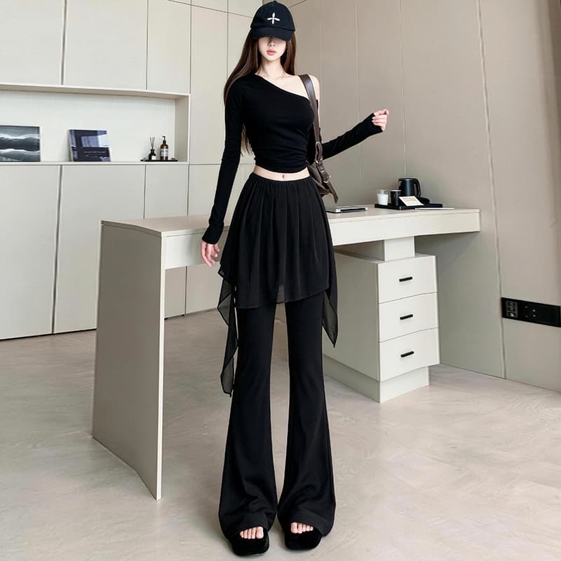 쉬폰 주름 패치워크 방귀 커튼 페이크 레이어드 부츠컷 바지 여성 새로운 다용도 몸매 가꾸기 신축성 하이웨이스트 슬림해 보이는 나팔 바지 이미지 5