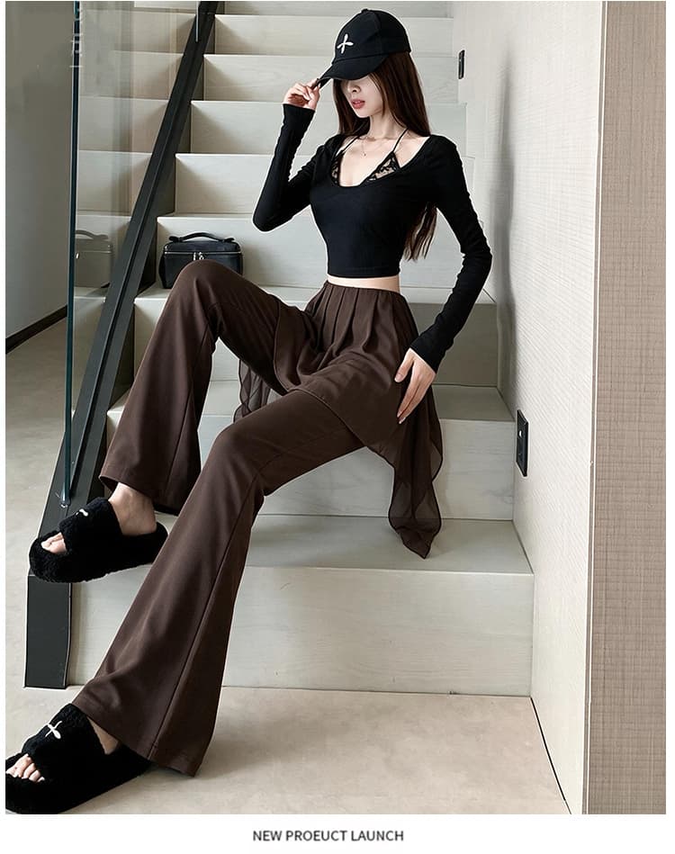 쉬폰 주름 패치워크 방귀 커튼 페이크 레이어드 부츠컷 바지 여성 새로운 다용도 몸매 가꾸기 신축성 하이웨이스트 슬림해 보이는 나팔 바지 상세 이미지 14