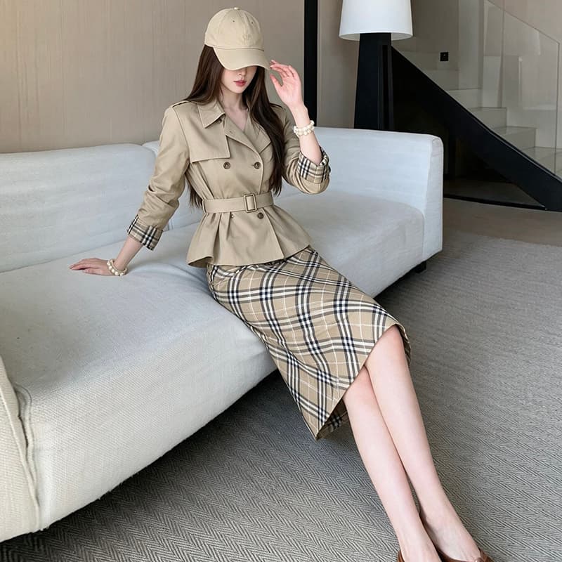 빛 럭셔리 오래된 돈 바람 품격 명문 여성 폴로 칼라 이중 버튼 레이스업 허리 수축 재킷 재킷 체크무늬 타이트 스커트 투피스 세트 이미지 3