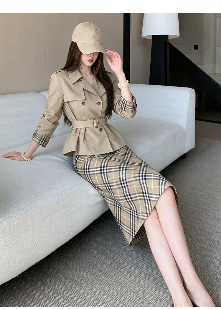 빛 럭셔리 오래된 돈 바람 품격 명문 여성 폴로 칼라 이중 버튼 레이스업 허리 수축 재킷 재킷 체크무늬 타이트 스커트 투피스 세트 상세 이미지 15