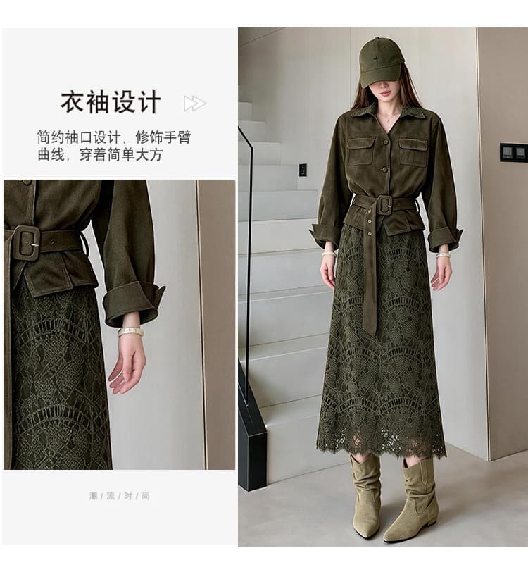 레트로 스웨이드 원단 철자 레이스 허리 수축 재킷 레이스 반 스커트 투피스 세트 가을 새로운 패션 외국 가스 세트 상세 이미지 8