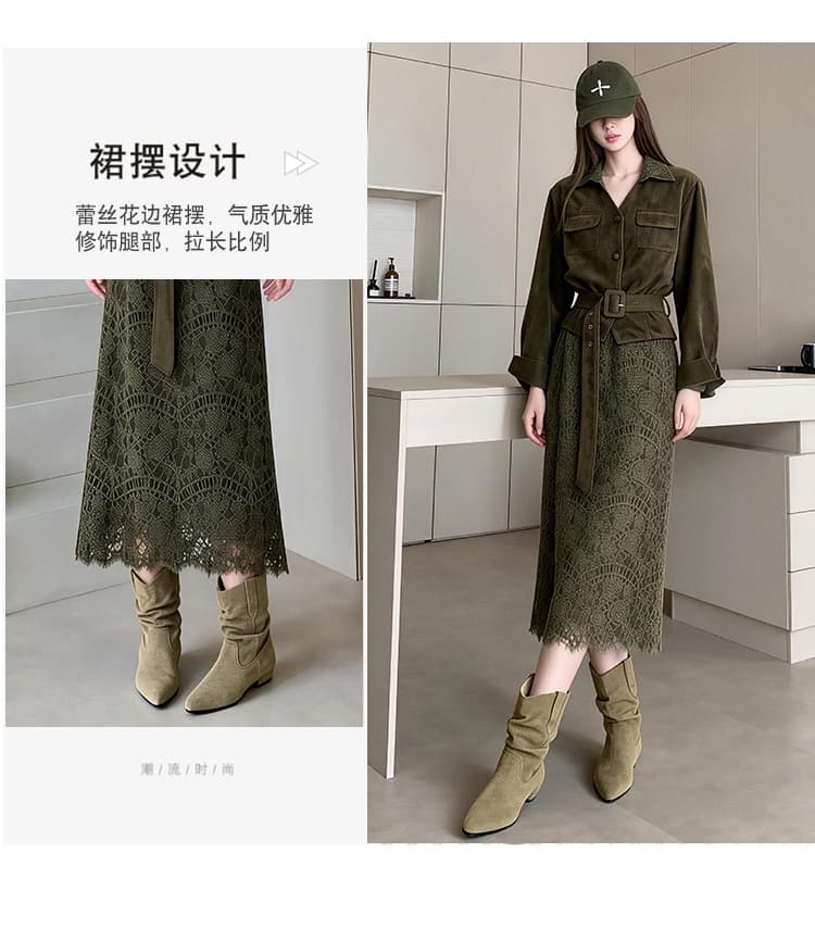 레트로 스웨이드 원단 철자 레이스 허리 수축 재킷 레이스 반 스커트 투피스 세트 가을 새로운 패션 외국 가스 세트 상세 이미지 10