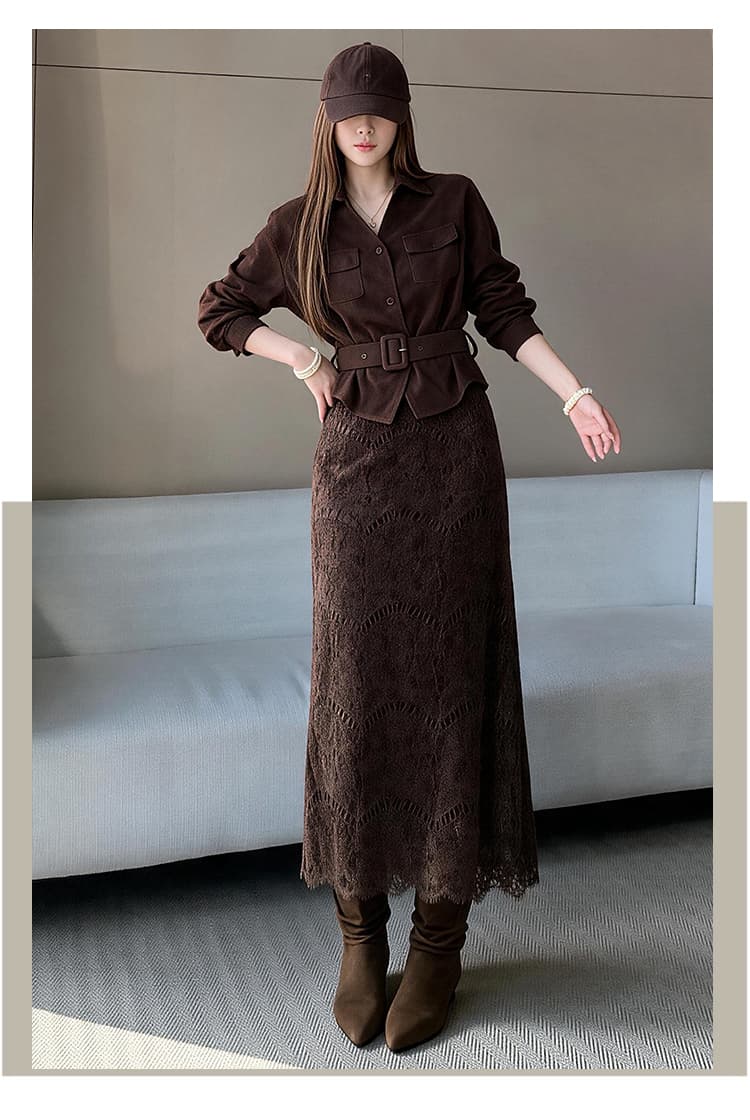 레트로 스웨이드 원단 철자 레이스 허리 수축 재킷 레이스 반 스커트 투피스 세트 가을 새로운 패션 외국 가스 세트 상세 이미지 21