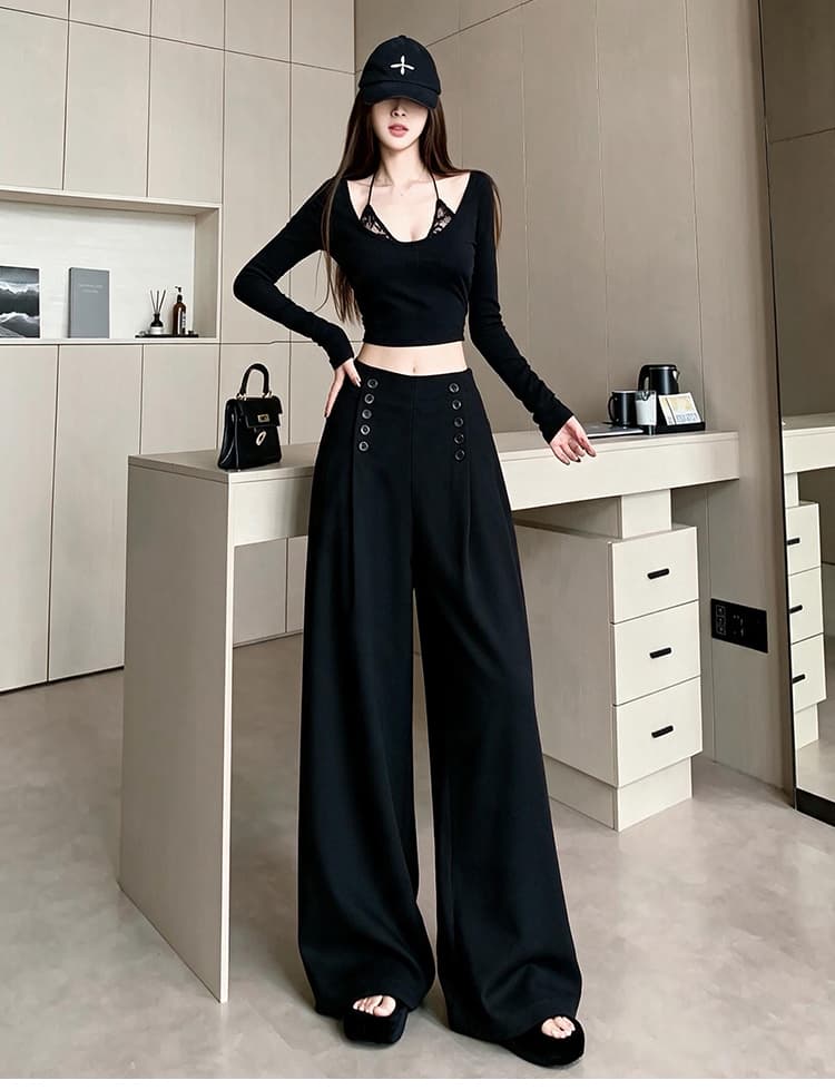 가을 겨울 새로운 이중 버튼 디자인 하이웨이스트 루즈핏 도루 센스 슬림해 보이는 넓은 다리 털 뭐라구? 정장 캐주얼 미니멀리즘 긴 바지 여성 상세 이미지 21