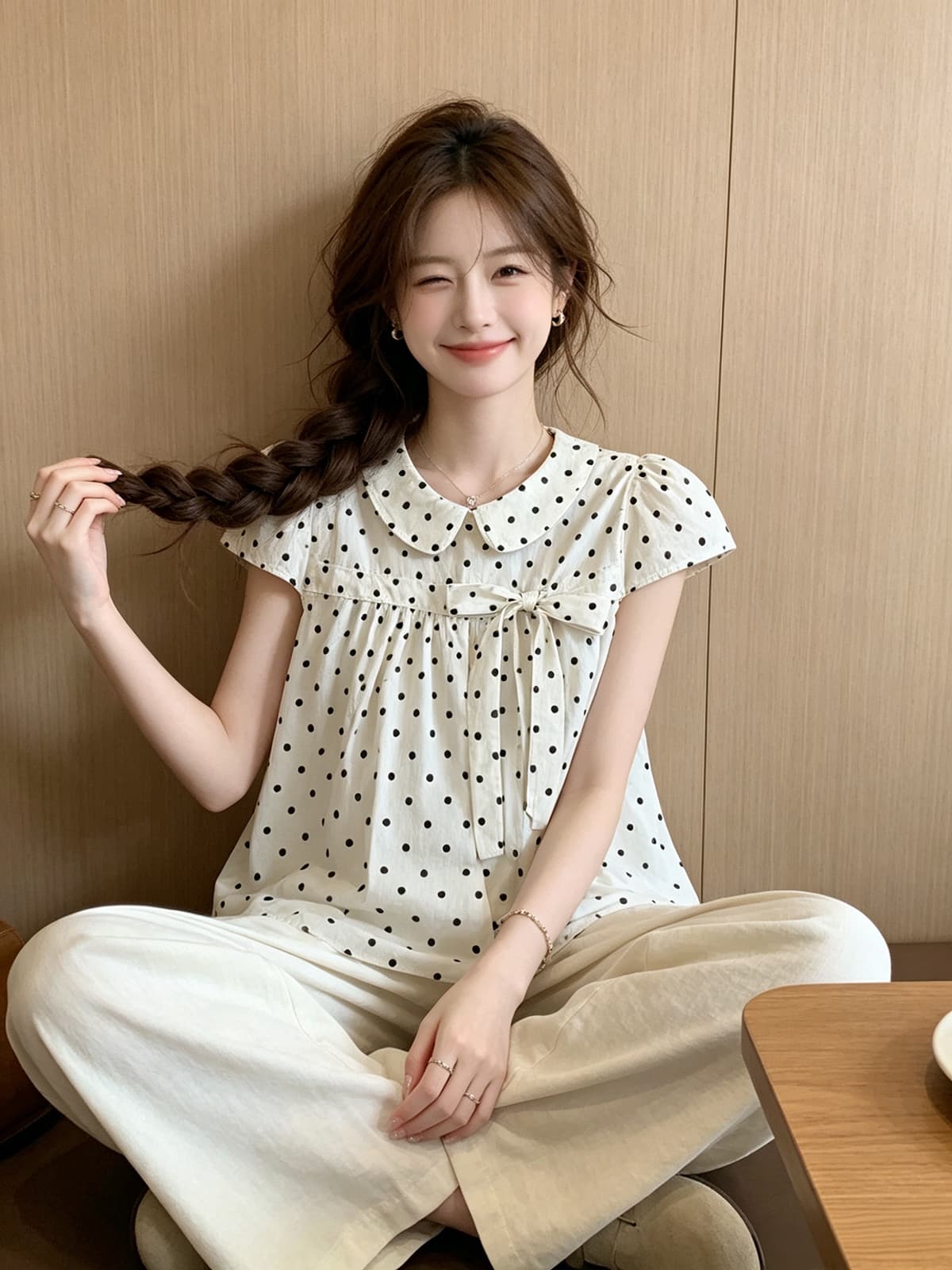 베이비 칼라 반팔 여성 셔츠 2026 여름 새로운 한 부서 캐주얼 고급 센스 작은 키 루즈핏 슬림해 보이는 맨위 상세 이미지 1