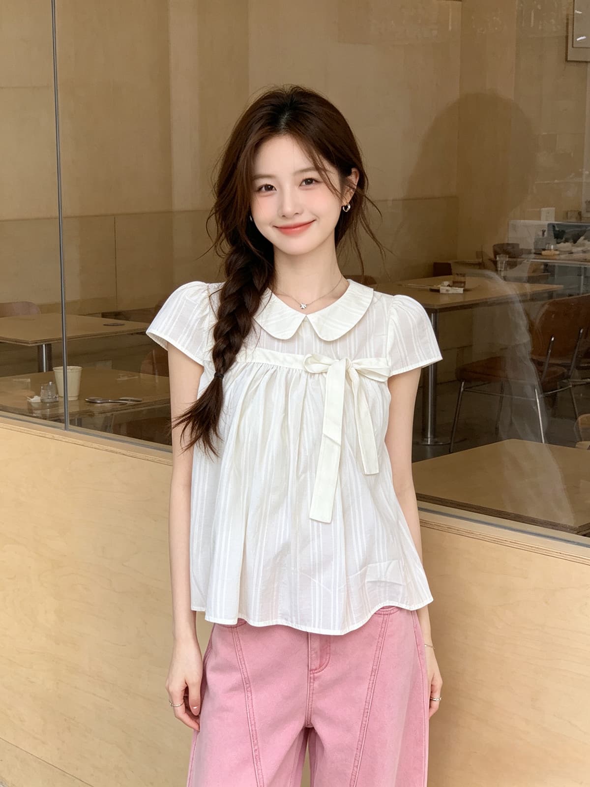 베이비 칼라 반팔 여성 셔츠 2026 여름 새로운 한 부서 캐주얼 고급 센스 작은 키 루즈핏 슬림해 보이는 맨위 상세 이미지 3