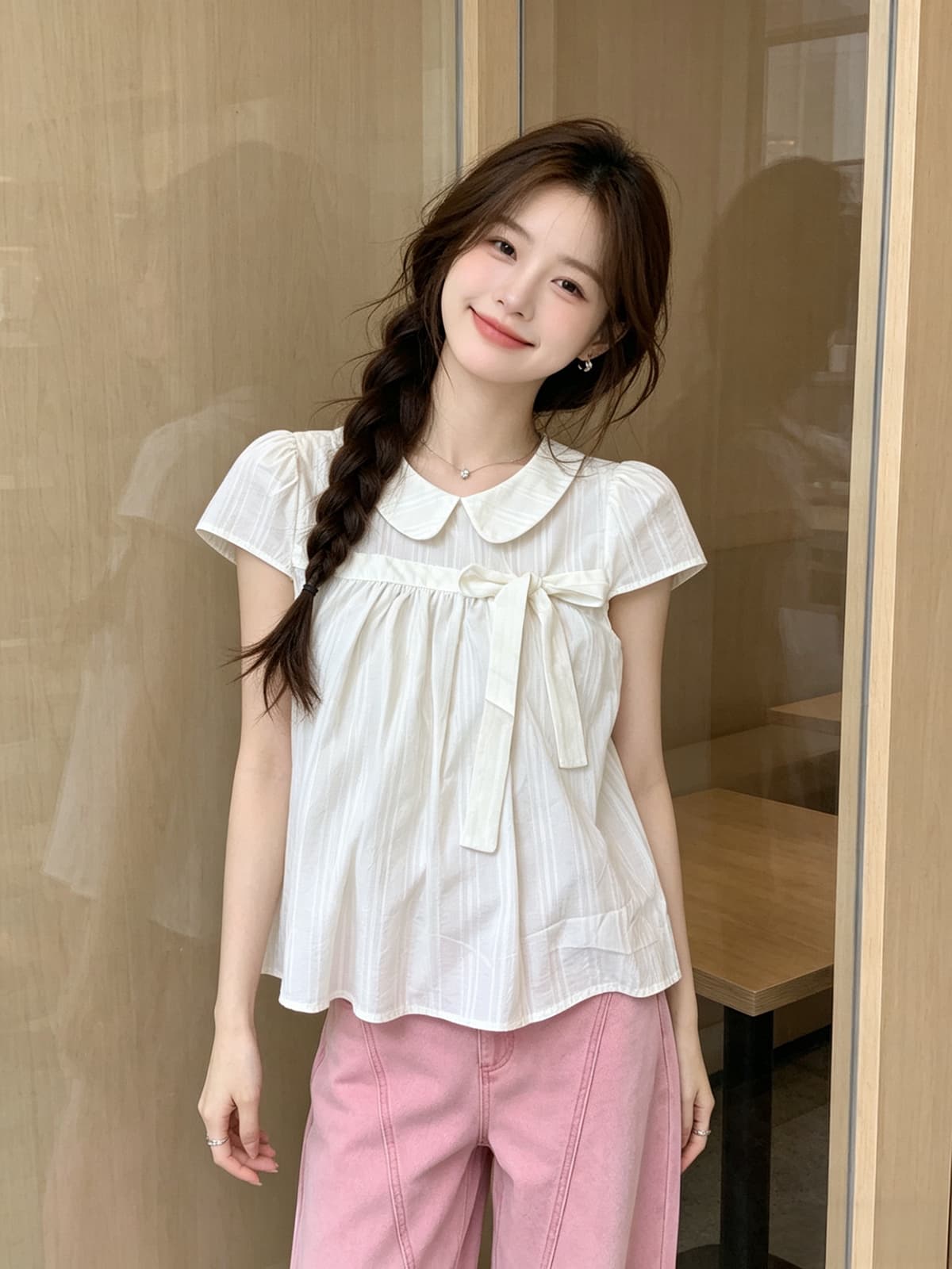 베이비 칼라 반팔 여성 셔츠 2026 여름 새로운 한 부서 캐주얼 고급 센스 작은 키 루즈핏 슬림해 보이는 맨위 상세 이미지 5