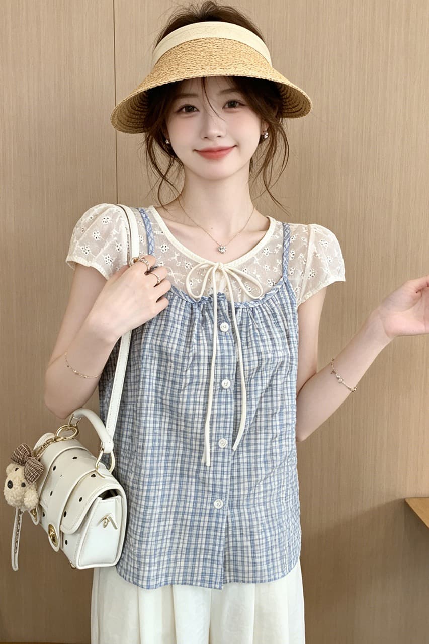 한 부서 페이크 레이어드 인형 셔츠 반팔 셔츠 여름 작은 키 다용도 연령 감소 체크무늬 배색 패치워크 셔츠 얇은 이미지 6