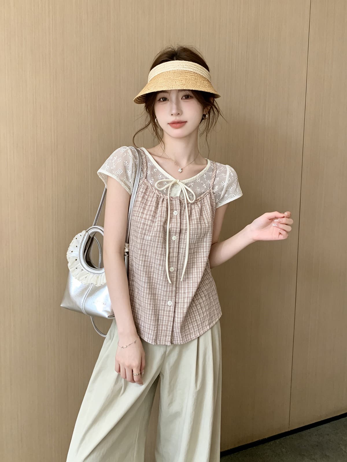 한 부서 페이크 레이어드 인형 셔츠 반팔 셔츠 여름 작은 키 다용도 연령 감소 체크무늬 배색 패치워크 셔츠 얇은 상세 이미지 7
