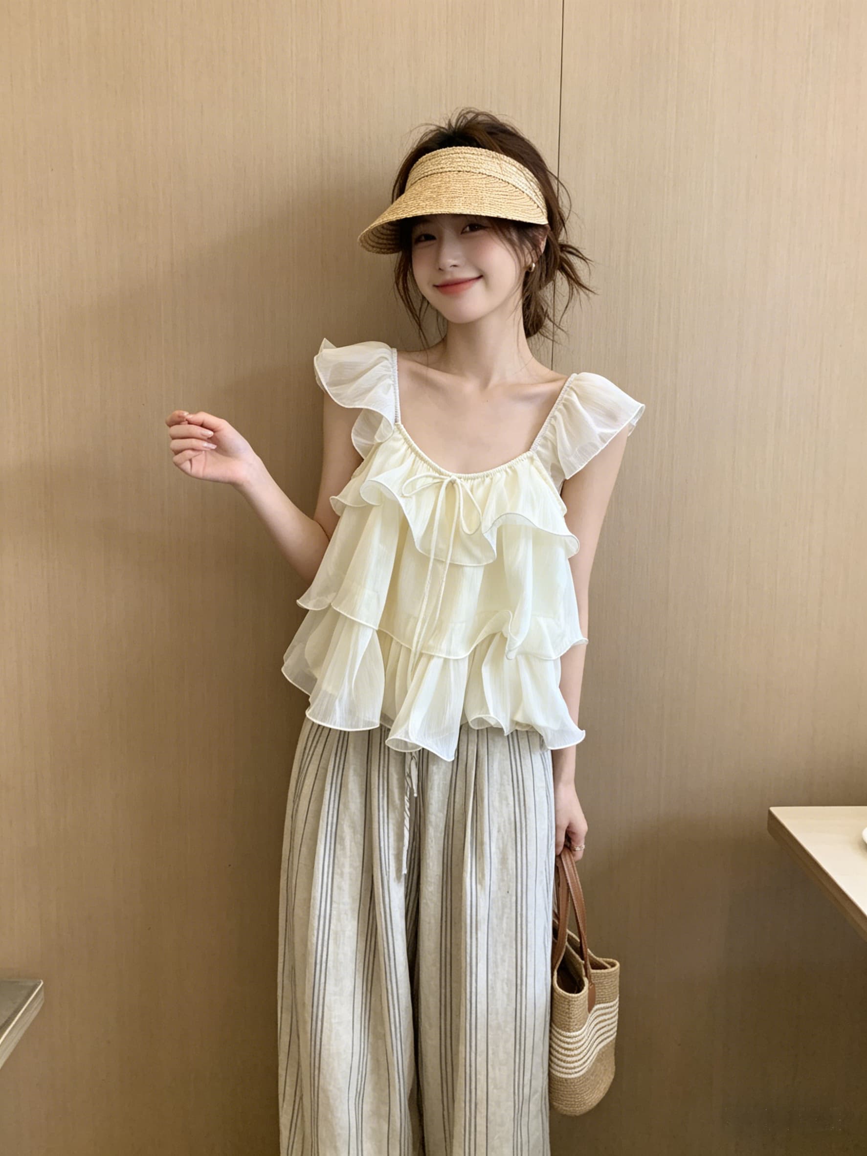 부드러운 달콤한 스타일 u 칼라 프릴 여성 셔츠 프랑스식 순수한 욕망 품격 루즈핏 슬림해 보이는 다용도 작은 날다 소매 맨위 상세 이미지 5