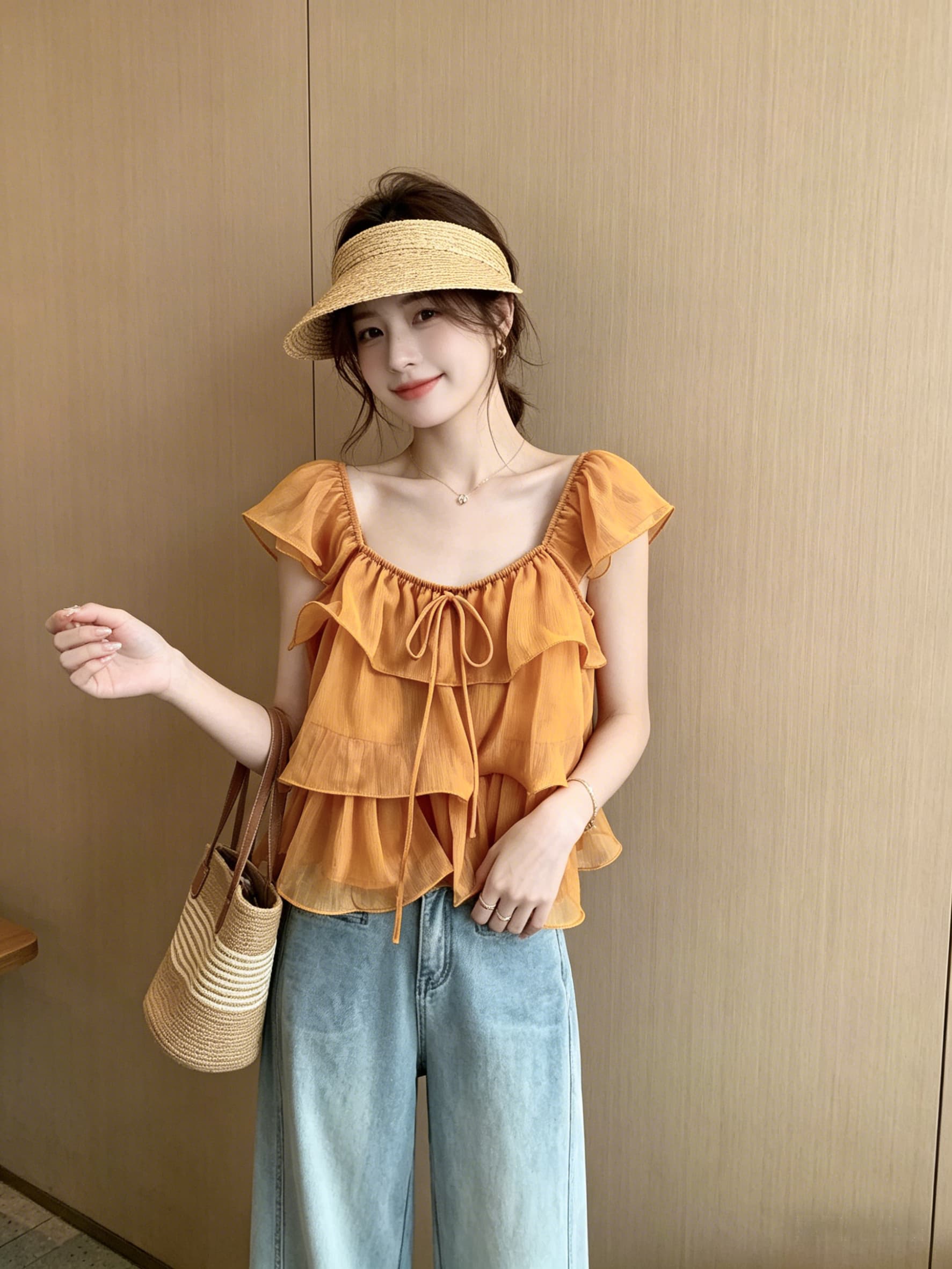 부드러운 달콤한 스타일 u 칼라 프릴 여성 셔츠 프랑스식 순수한 욕망 품격 루즈핏 슬림해 보이는 다용도 작은 날다 소매 맨위 상세 이미지 10