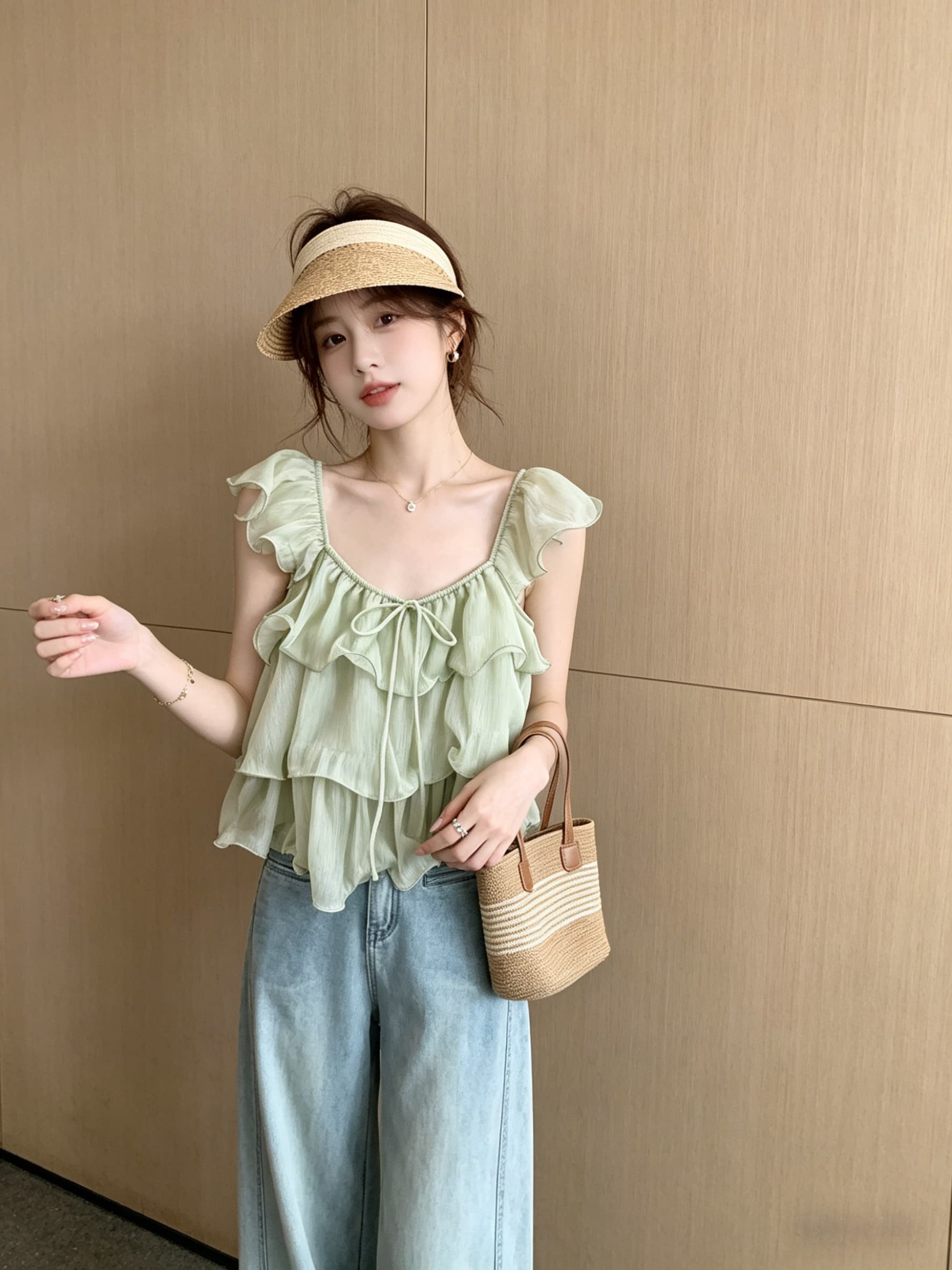 부드러운 달콤한 스타일 u 칼라 프릴 여성 셔츠 프랑스식 순수한 욕망 품격 루즈핏 슬림해 보이는 다용도 작은 날다 소매 맨위 상세 이미지 12