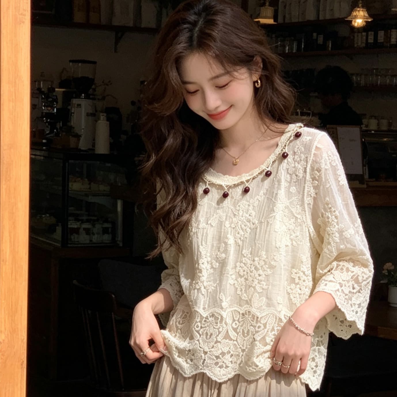 문예 바람 면직물 자수 홀로우 아웃 긍정적 인 어깨 9 분 셔츠 2026 여름 새로운 휴가 보헤미안 블라우스 맨위 이미지 5