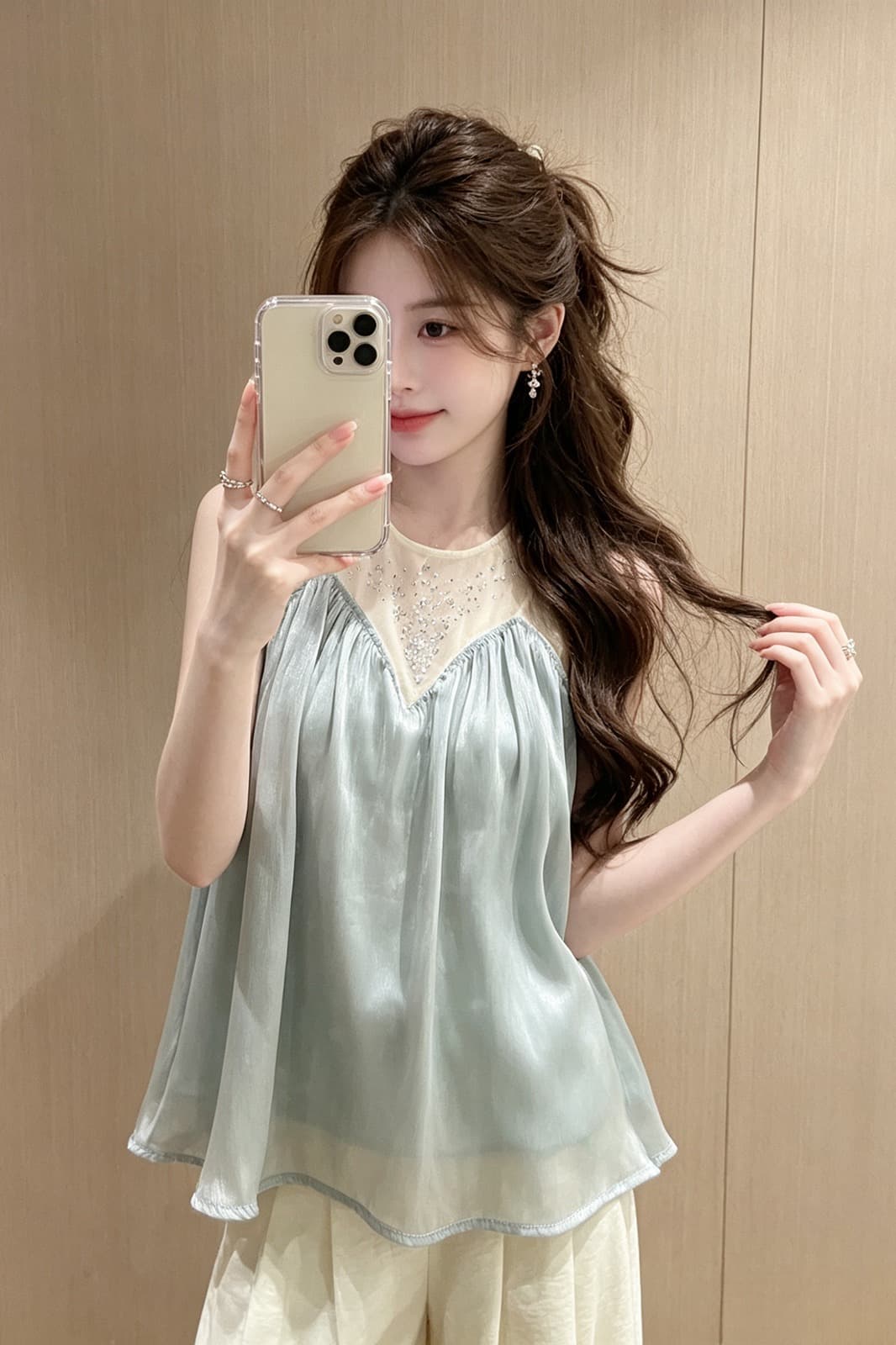 프랑스식 디자인 센스 핫픽스 망사 연결 싸움 새틴 조끼 슬립 여름 새로운 순수한 욕망 광택 주름 맨위 이미지 6