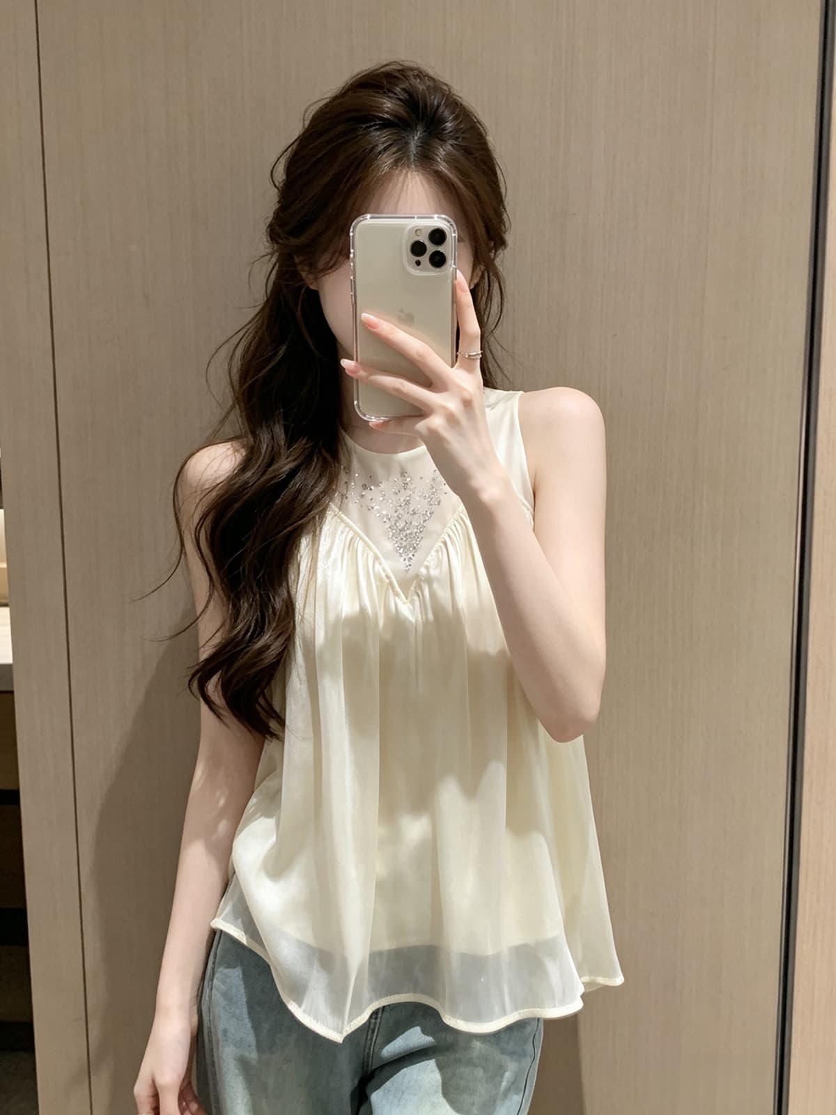 프랑스식 디자인 센스 핫픽스 망사 연결 싸움 새틴 조끼 슬립 여름 새로운 순수한 욕망 광택 주름 맨위 상세 이미지 1