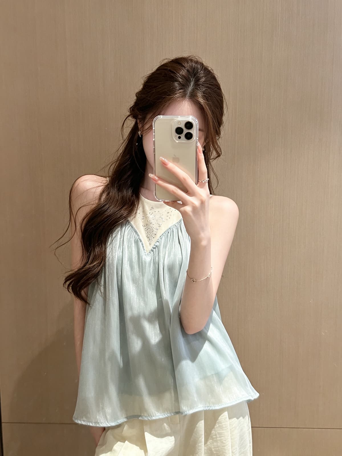 프랑스식 디자인 센스 핫픽스 망사 연결 싸움 새틴 조끼 슬립 여름 새로운 순수한 욕망 광택 주름 맨위 상세 이미지 5