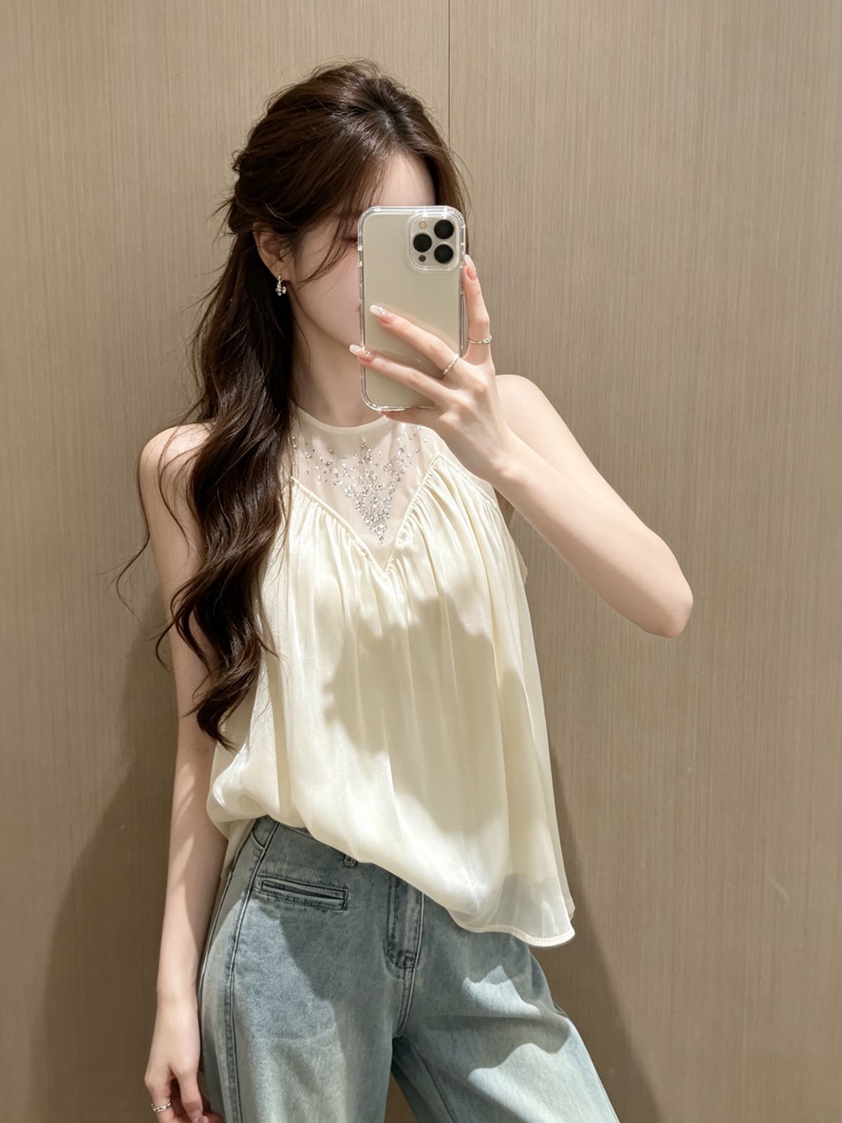 프랑스식 디자인 센스 핫픽스 망사 연결 싸움 새틴 조끼 슬립 여름 새로운 순수한 욕망 광택 주름 맨위 상세 이미지 7