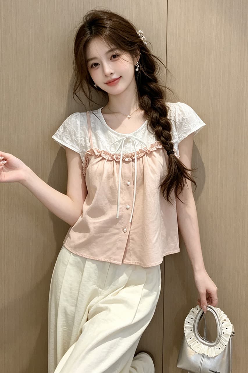 2026 새로운 여성 의류 홀로우 아웃 자수 패치워크 여성 셔츠 여름 허리 수축 슬림해 보이는 인형 셔츠 맨위 이미지 6