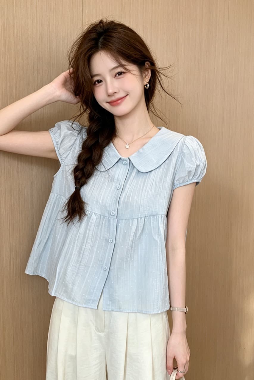 2026 일본과 한국 부서 달콤함 마이너스 릿지 도트 무늬 베이비 칼라 셔츠 거품 소매 여름 새로운 반팔 셔츠 맨위 여성 이미지 6