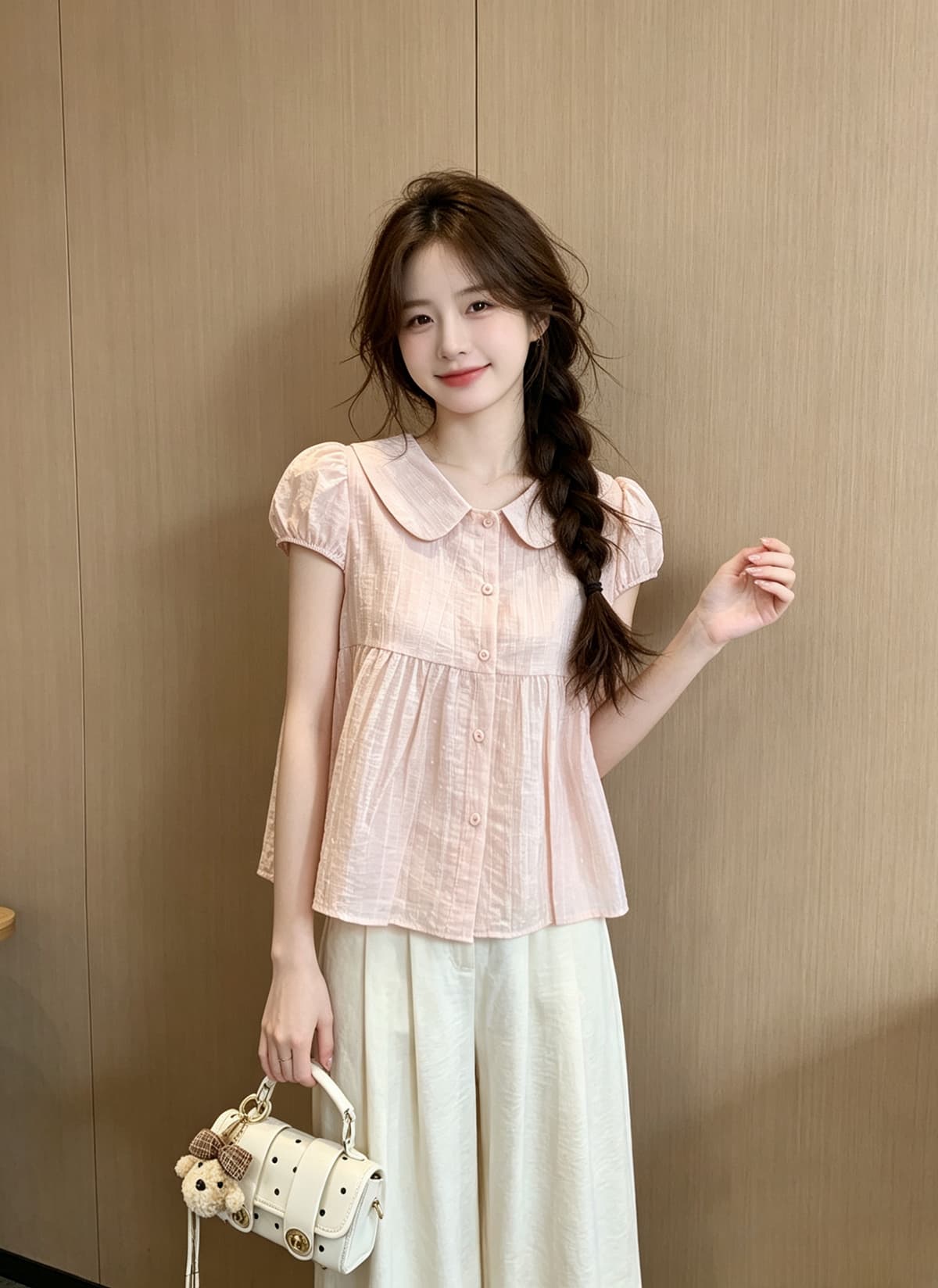 2026 일본과 한국 부서 달콤함 마이너스 릿지 도트 무늬 베이비 칼라 셔츠 거품 소매 여름 새로운 반팔 셔츠 맨위 여성 상세 이미지 2