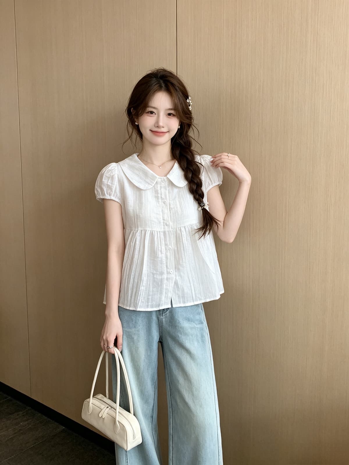 2026 일본과 한국 부서 달콤함 마이너스 릿지 도트 무늬 베이비 칼라 셔츠 거품 소매 여름 새로운 반팔 셔츠 맨위 여성 상세 이미지 6