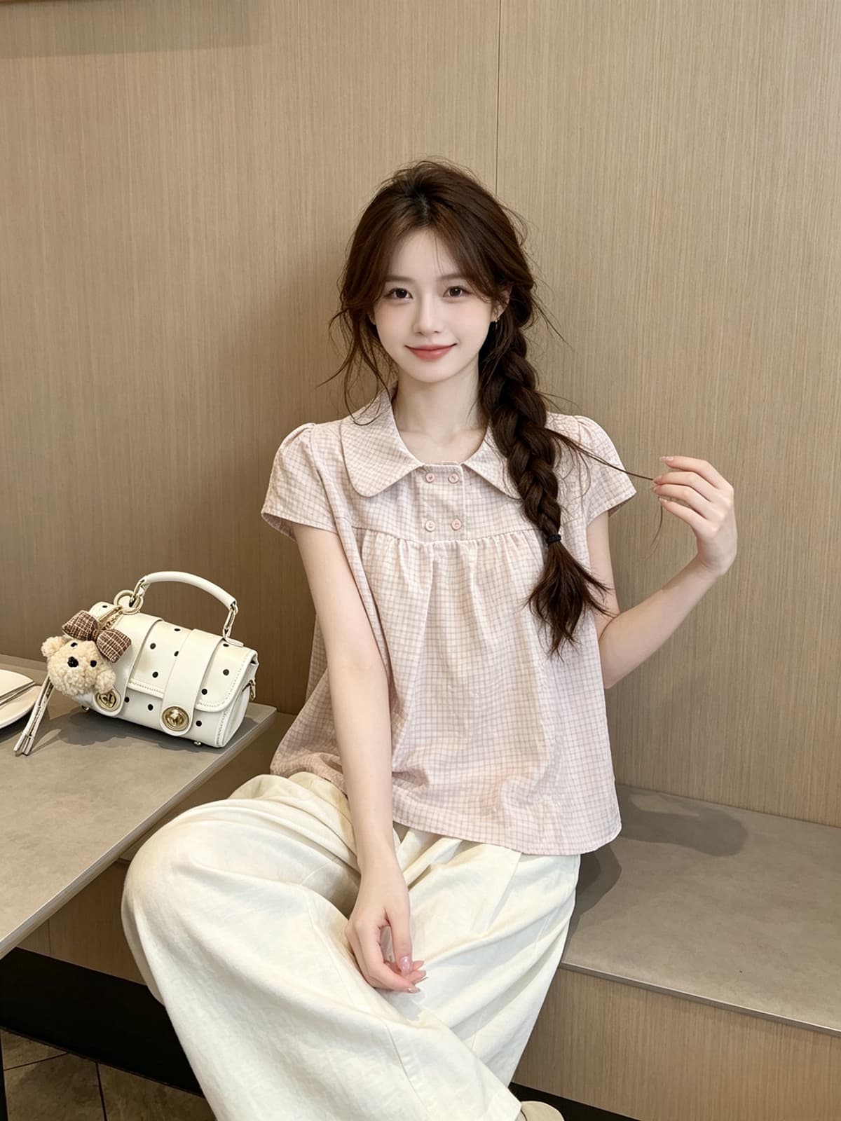 한국 2026 여름 레트로 베이비 칼라 체크무늬 셔츠 여성용 짧은 소매 폴로 칼라 플리츠 슬림해 보이는 연령 감소 루즈핏 맨위 이미지 3