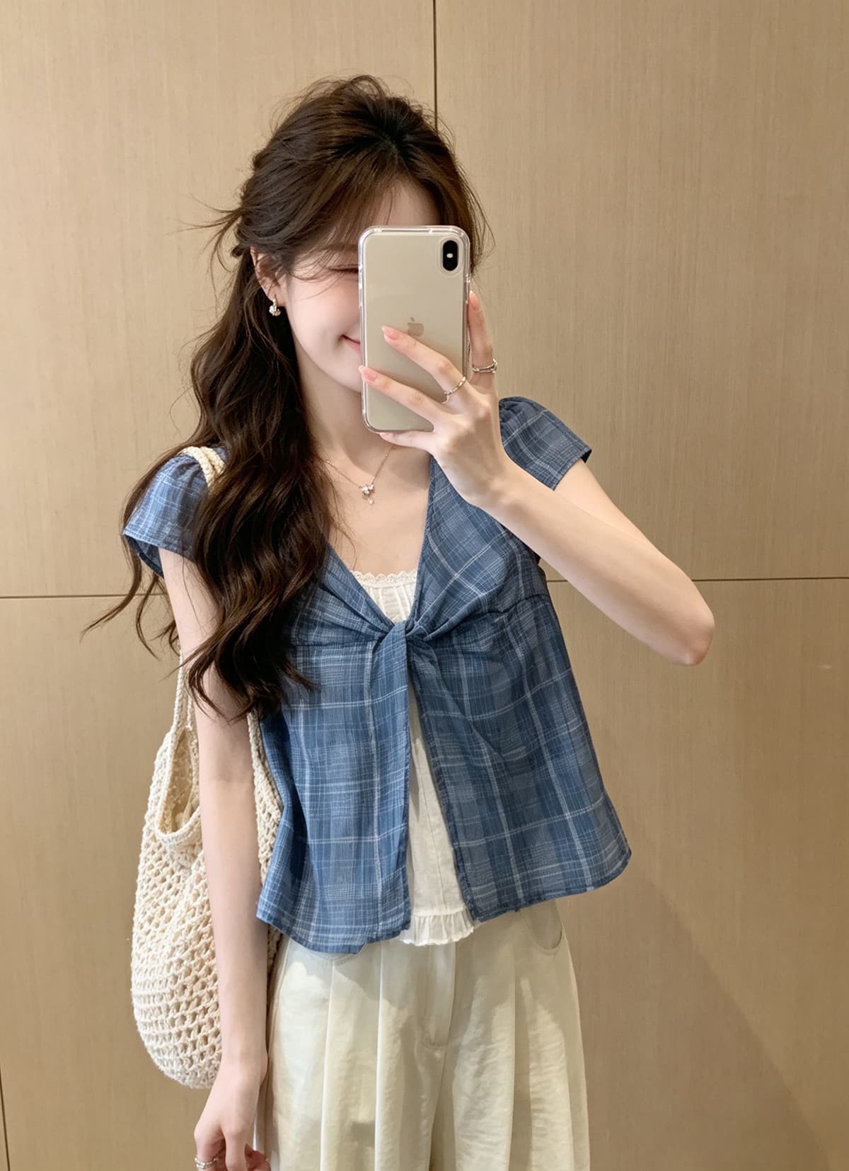 문예 바람 체크무늬 비틀림 페이크 레이어드 여성 셔츠 여름 새로운 고유 한 Chic 외국 가스 연령 감소 인형 셔츠 맨위 상세 이미지 1