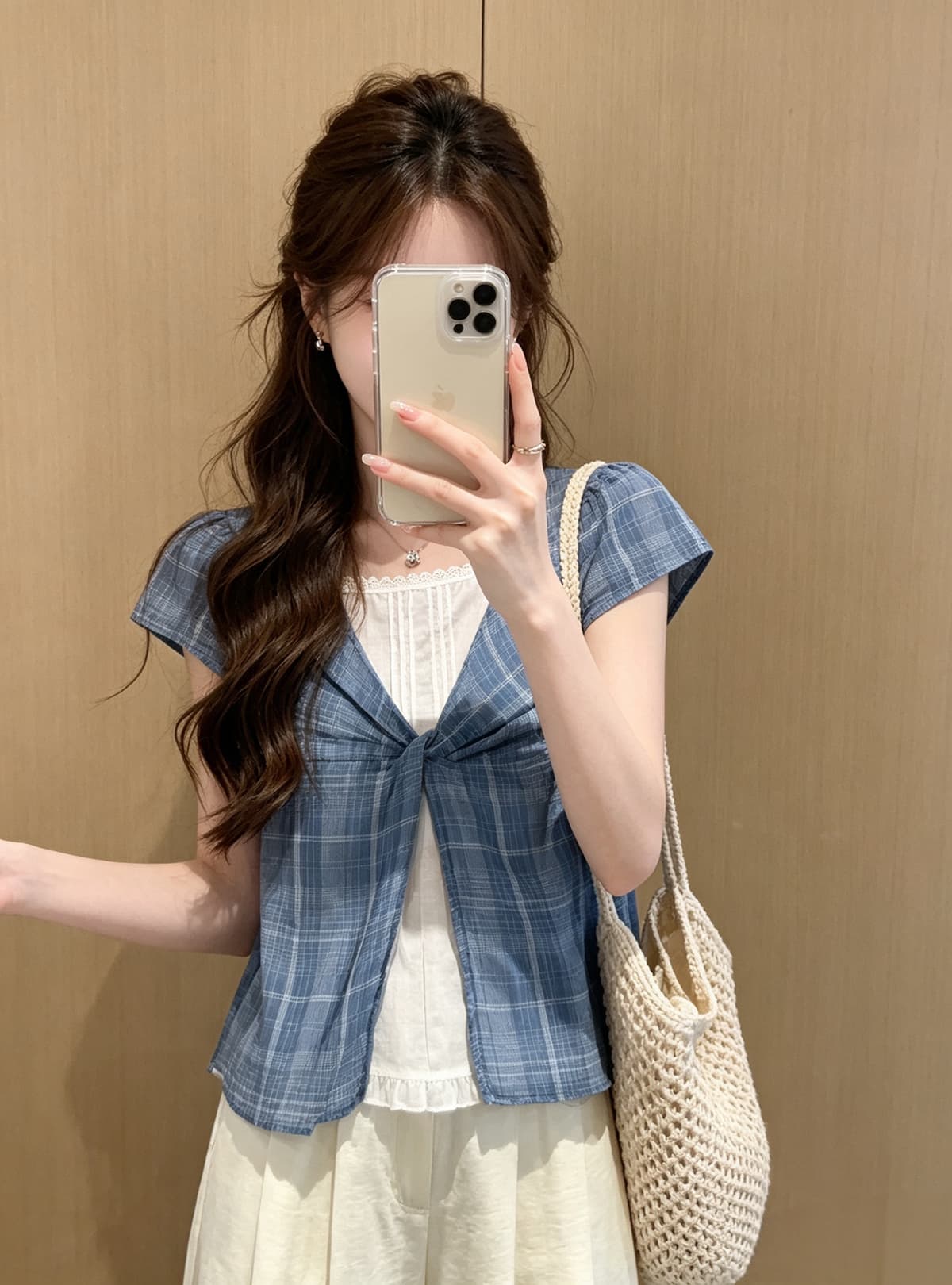 문예 바람 체크무늬 비틀림 페이크 레이어드 여성 셔츠 여름 새로운 고유 한 Chic 외국 가스 연령 감소 인형 셔츠 맨위 상세 이미지 3