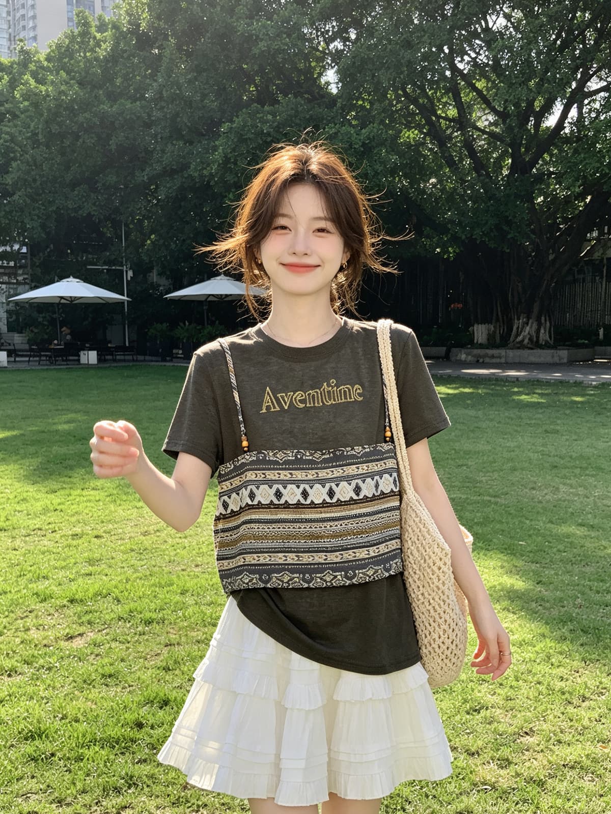 보헤미안 휴가 프린트 페이크 레이어드 반팔 아마 센스 티셔츠 2026 여름 새로운 루즈핏 다용도 맨위 상세 이미지 5