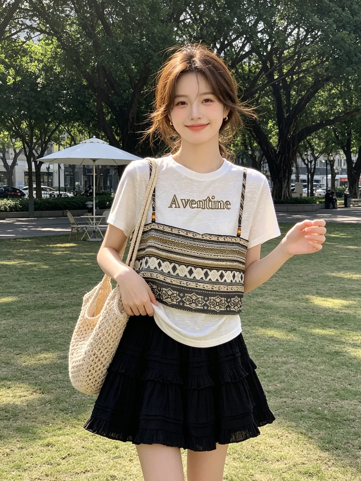 보헤미안 휴가 프린트 페이크 레이어드 반팔 아마 센스 티셔츠 2026 여름 새로운 루즈핏 다용도 맨위 상세 이미지 8