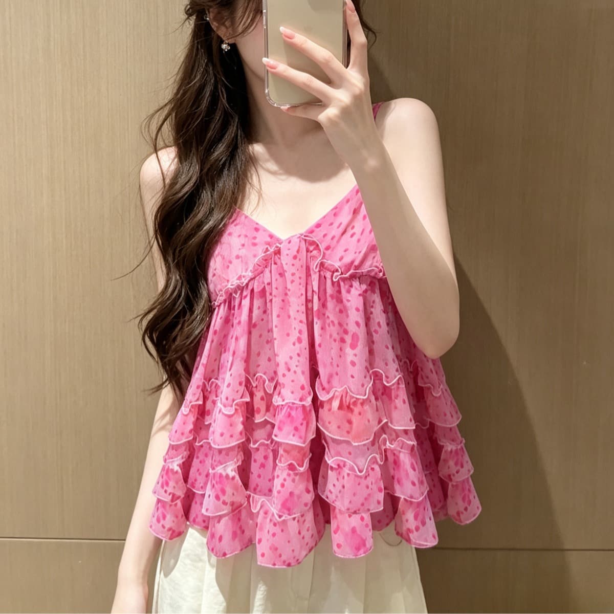 프랑스식 핑크색 V넥 도트 무늬 쉬폰 캐미솔 여름 디자인 센스 프릴 자이언트 잘 생긴 아름다운 맨위 이미지 5