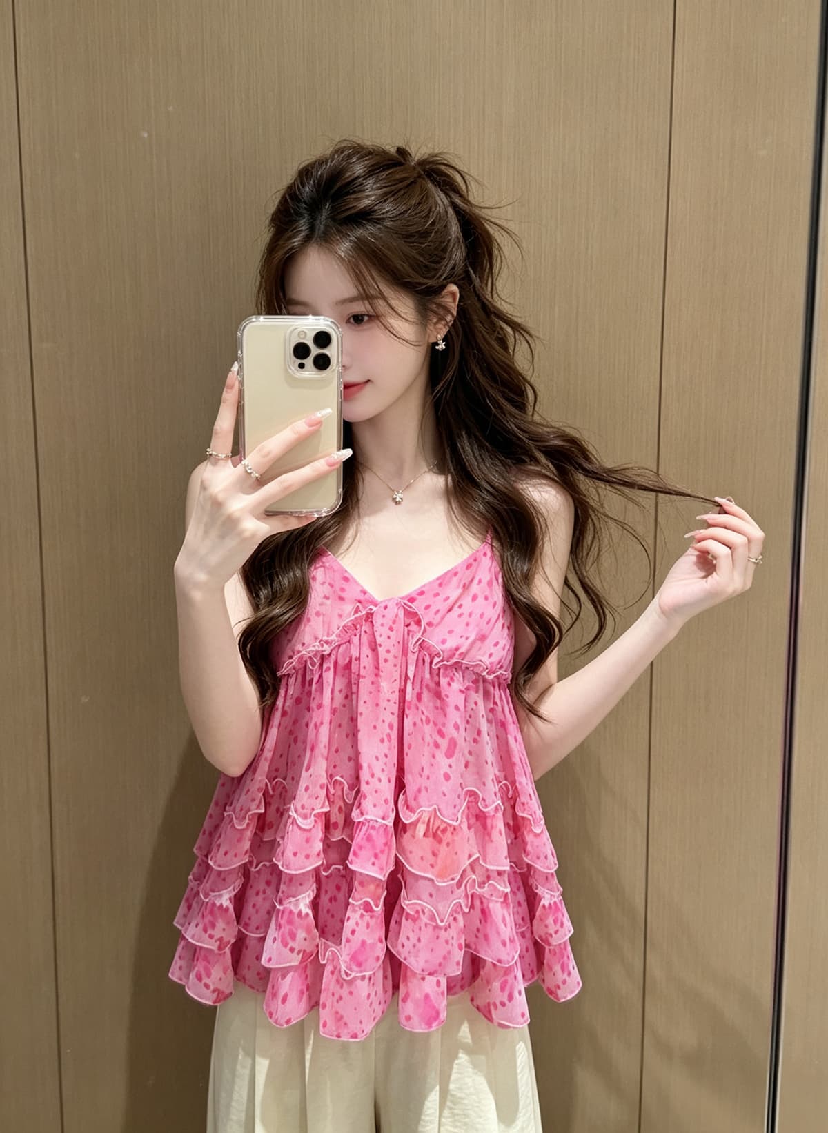 프랑스식 핑크색 V넥 도트 무늬 쉬폰 캐미솔 여름 디자인 센스 프릴 자이언트 잘 생긴 아름다운 맨위 상세 이미지 1