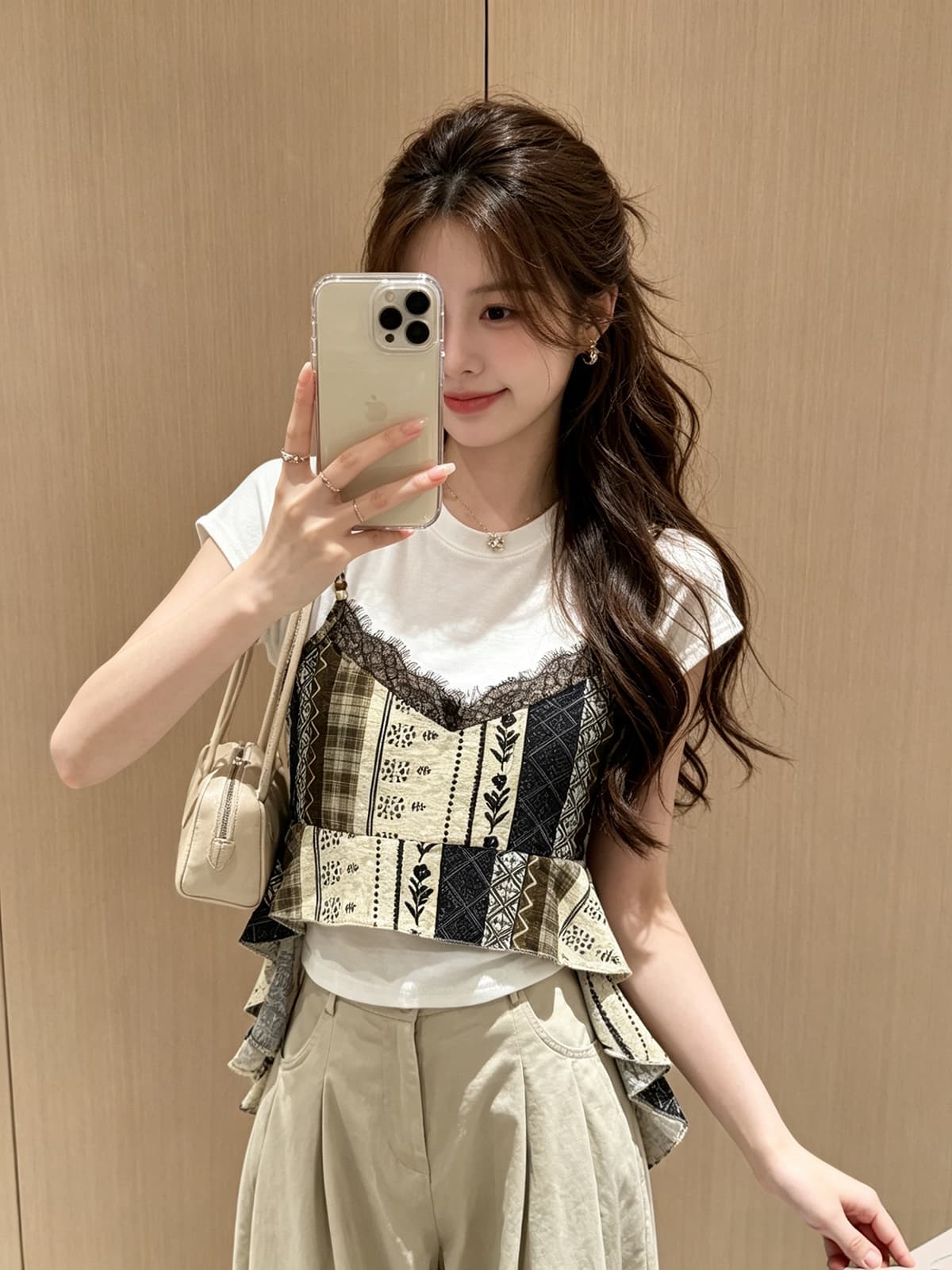 개성 프린트 레이스 측면 슬립 디자인 센스 페이크 레이어드 반팔 티셔츠 여성 2026 여름 슬림해 보이는 표지 고기 맨위 상세 이미지 5