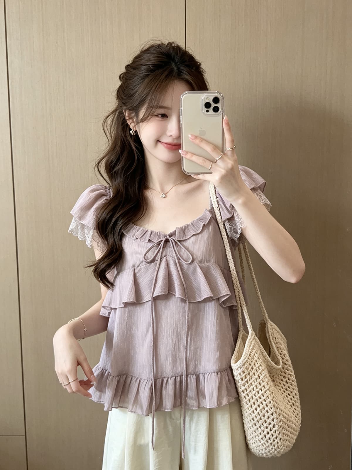 프릴 레이스업 Feifei 소매 광택 실 쉬폰 블라우스 여름 새로운 한 부서 디자인 센스 달콤함 맨위 슬립 이미지 2