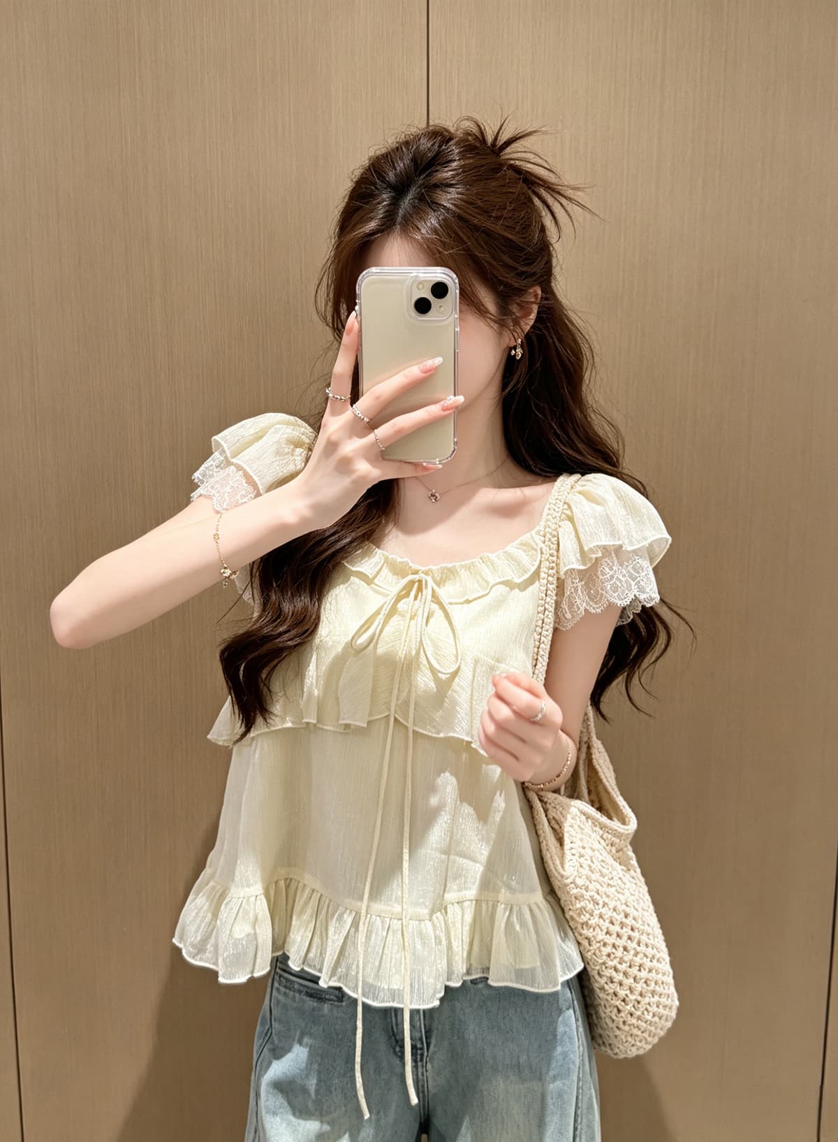 프릴 레이스업 Feifei 소매 광택 실 쉬폰 블라우스 여름 새로운 한 부서 디자인 센스 달콤함 맨위 슬립 이미지 3