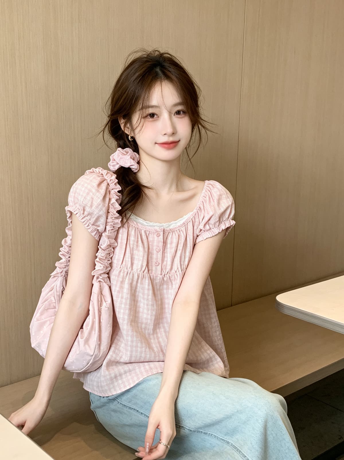 센 부서 목이버섯 어깨끈 셔츠 머리카락 서클 투피스 세트 2026 여름 새로운 체크무늬 신선함 몸매 가꾸기 거품 소매 맨위 이미지 3