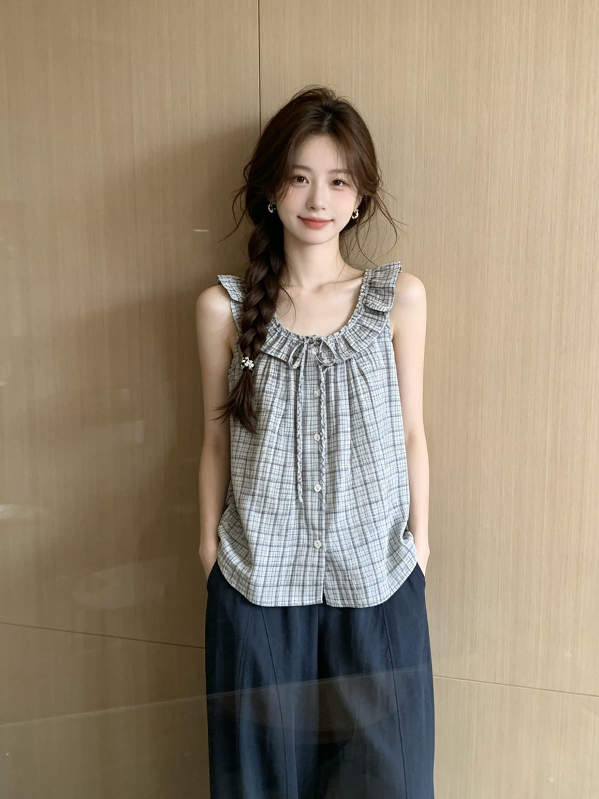 일본과 한국 부서 체크무늬 프릴 캐미솔 2026 여름 새로운 캐주얼 외국 가스 달콤한 핫걸 쇼트 스타일 맨위 이미지 3