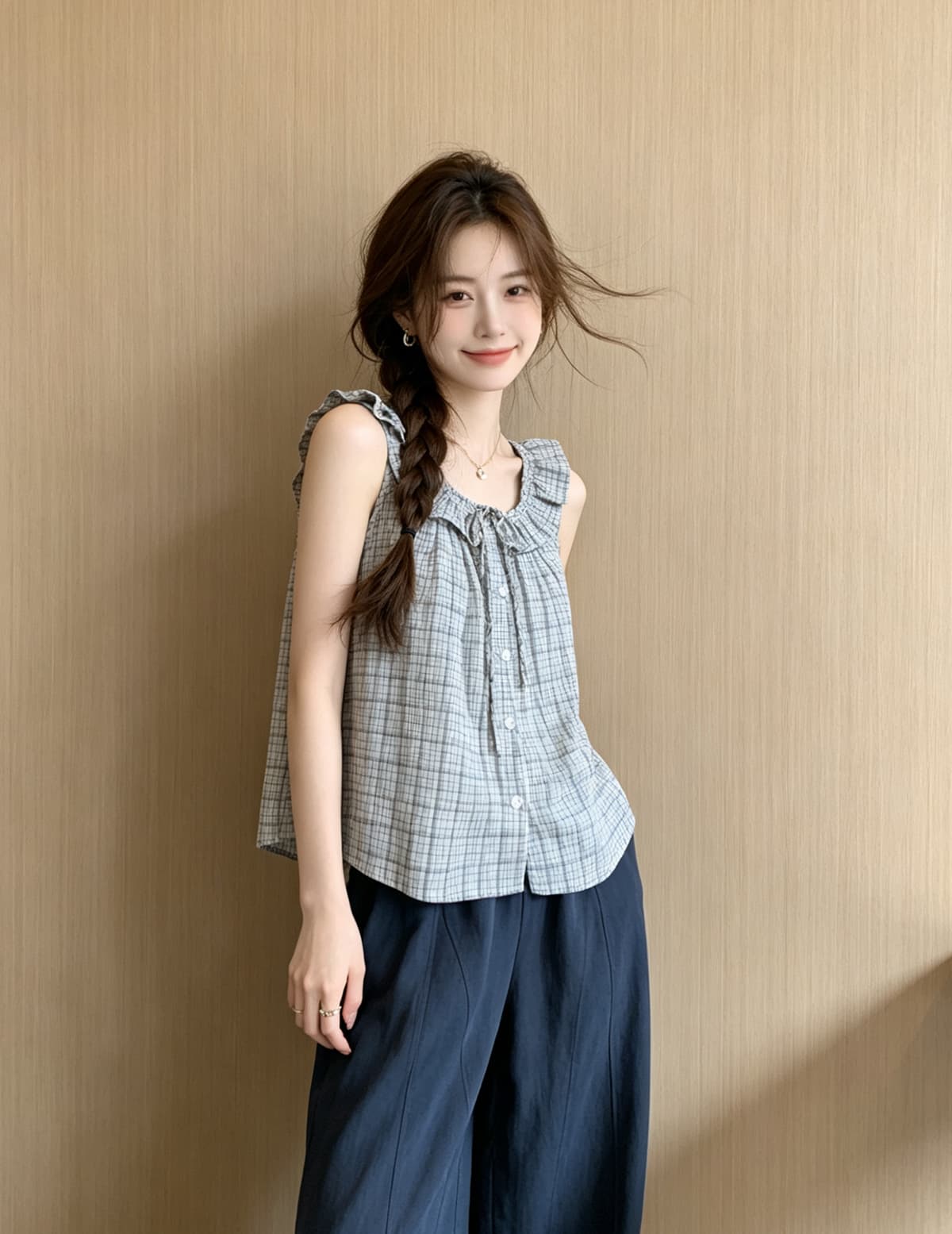 일본과 한국 부서 체크무늬 프릴 캐미솔 2026 여름 새로운 캐주얼 외국 가스 달콤한 핫걸 쇼트 스타일 맨위 상세 이미지 1