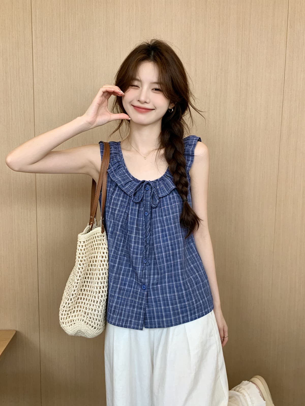 일본과 한국 부서 체크무늬 프릴 캐미솔 2026 여름 새로운 캐주얼 외국 가스 달콤한 핫걸 쇼트 스타일 맨위 상세 이미지 5
