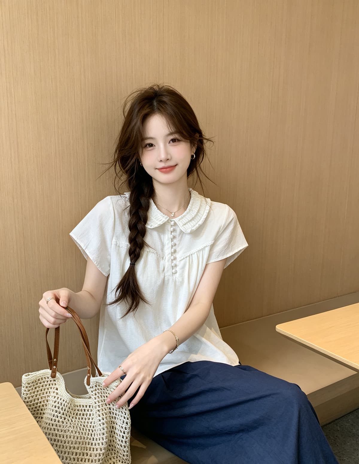 문예 바람 자카드 레이스 베이비 칼라 반팔 셔츠 2026 여름 새로운 학원 스타일 루즈핏 슬림해 보이는 맨위 여성 상세 이미지 5