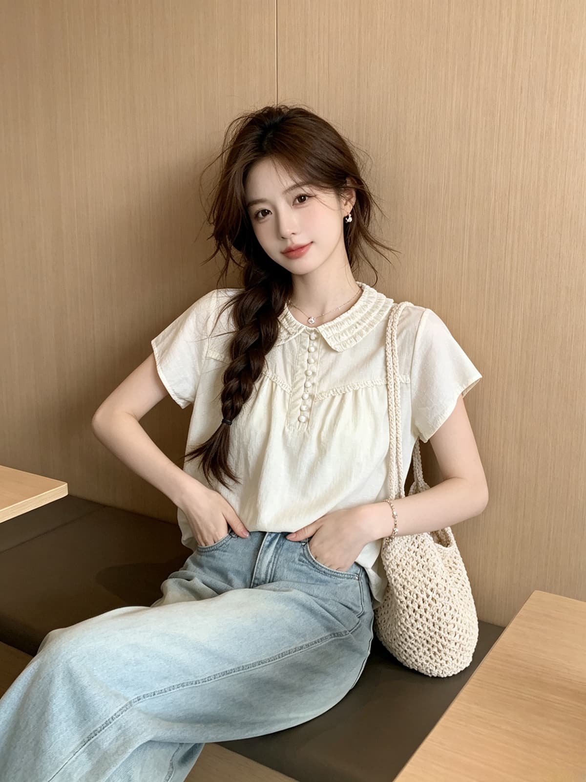 문예 바람 자카드 레이스 베이비 칼라 반팔 셔츠 2026 여름 새로운 학원 스타일 루즈핏 슬림해 보이는 맨위 여성 상세 이미지 8