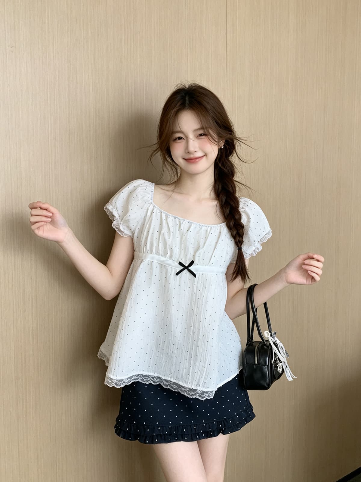 프랑스식 광장 칼라 나비 매듭 레이스 레이스 거품 소매 여성 셔츠 여름 디자인 센스 작은 대중 몸매 가꾸기 슬림해 보이는 맨위 이미지 4