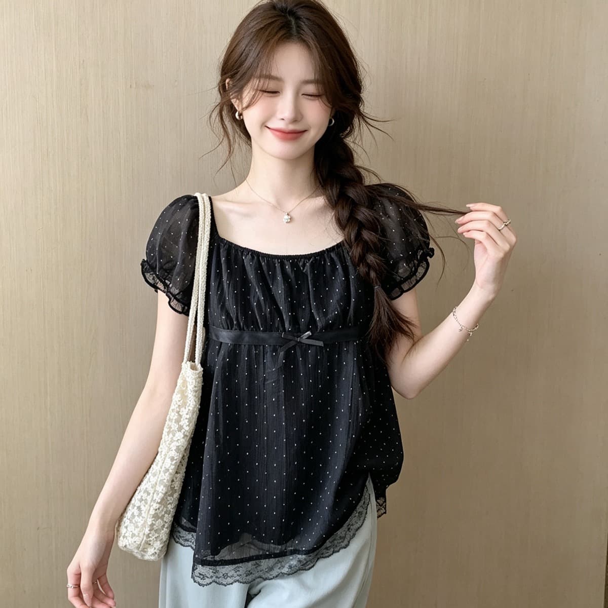 프랑스식 광장 칼라 나비 매듭 레이스 레이스 거품 소매 여성 셔츠 여름 디자인 센스 작은 대중 몸매 가꾸기 슬림해 보이는 맨위 이미지 5