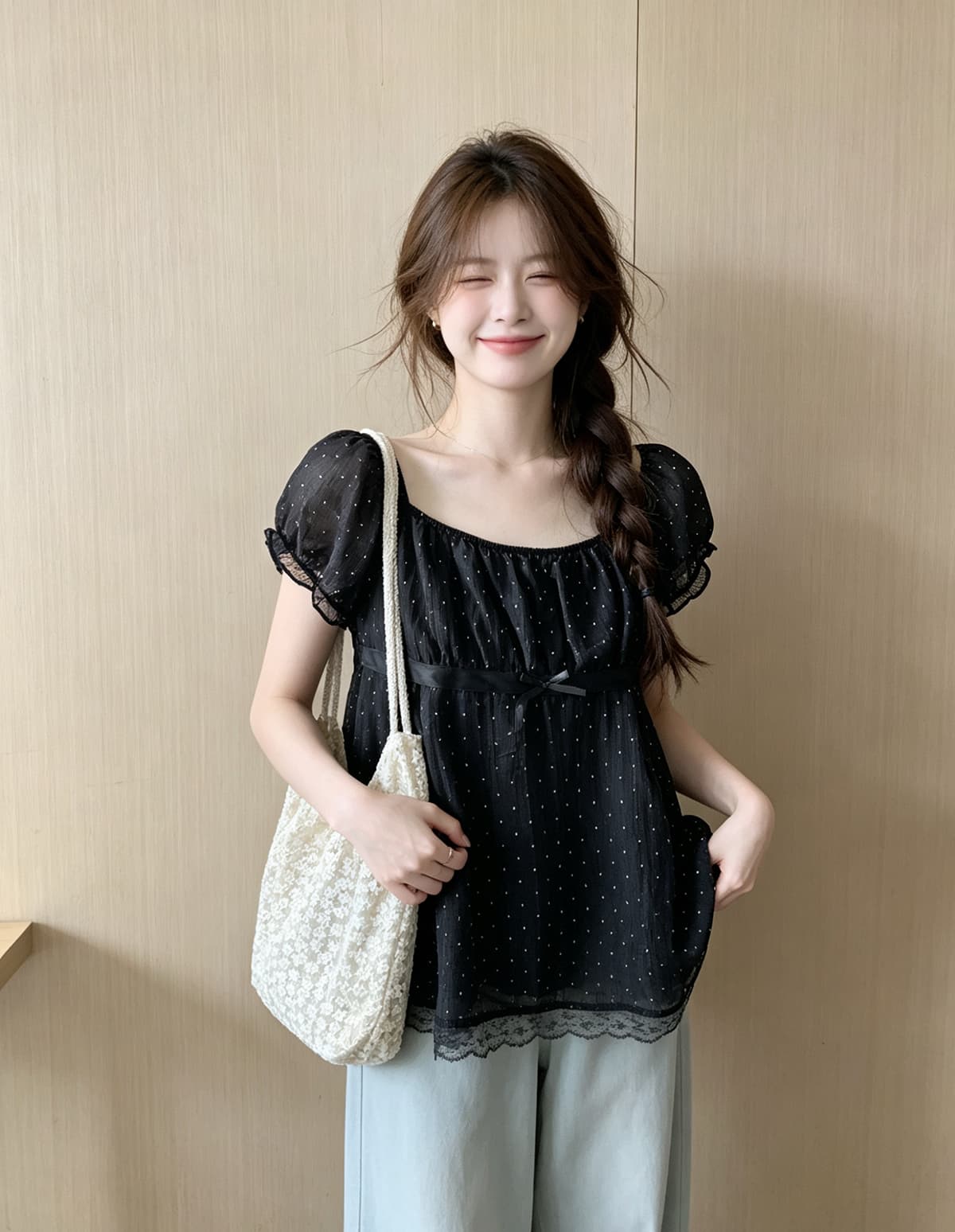 프랑스식 광장 칼라 나비 매듭 레이스 레이스 거품 소매 여성 셔츠 여름 디자인 센스 작은 대중 몸매 가꾸기 슬림해 보이는 맨위 상세 이미지 3
