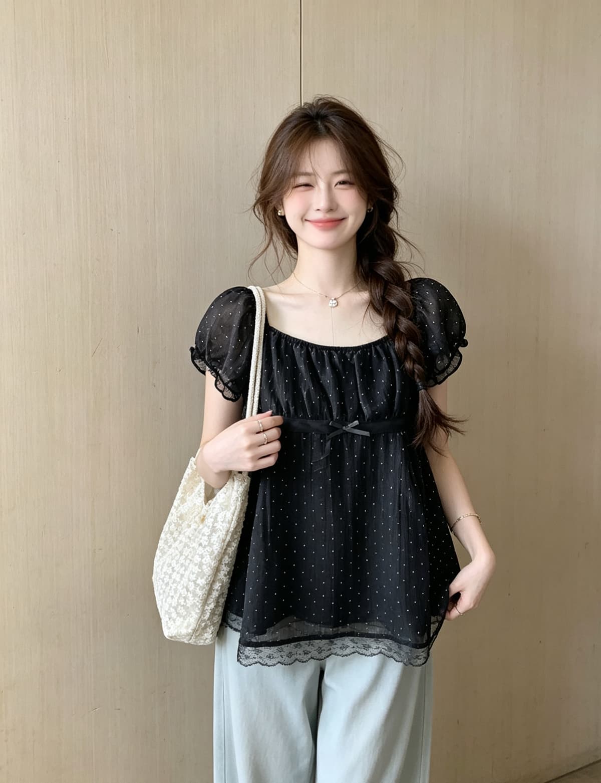 프랑스식 광장 칼라 나비 매듭 레이스 레이스 거품 소매 여성 셔츠 여름 디자인 센스 작은 대중 몸매 가꾸기 슬림해 보이는 맨위 상세 이미지 8